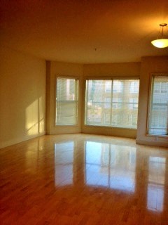 an empty living room with a hard wood floor and windows